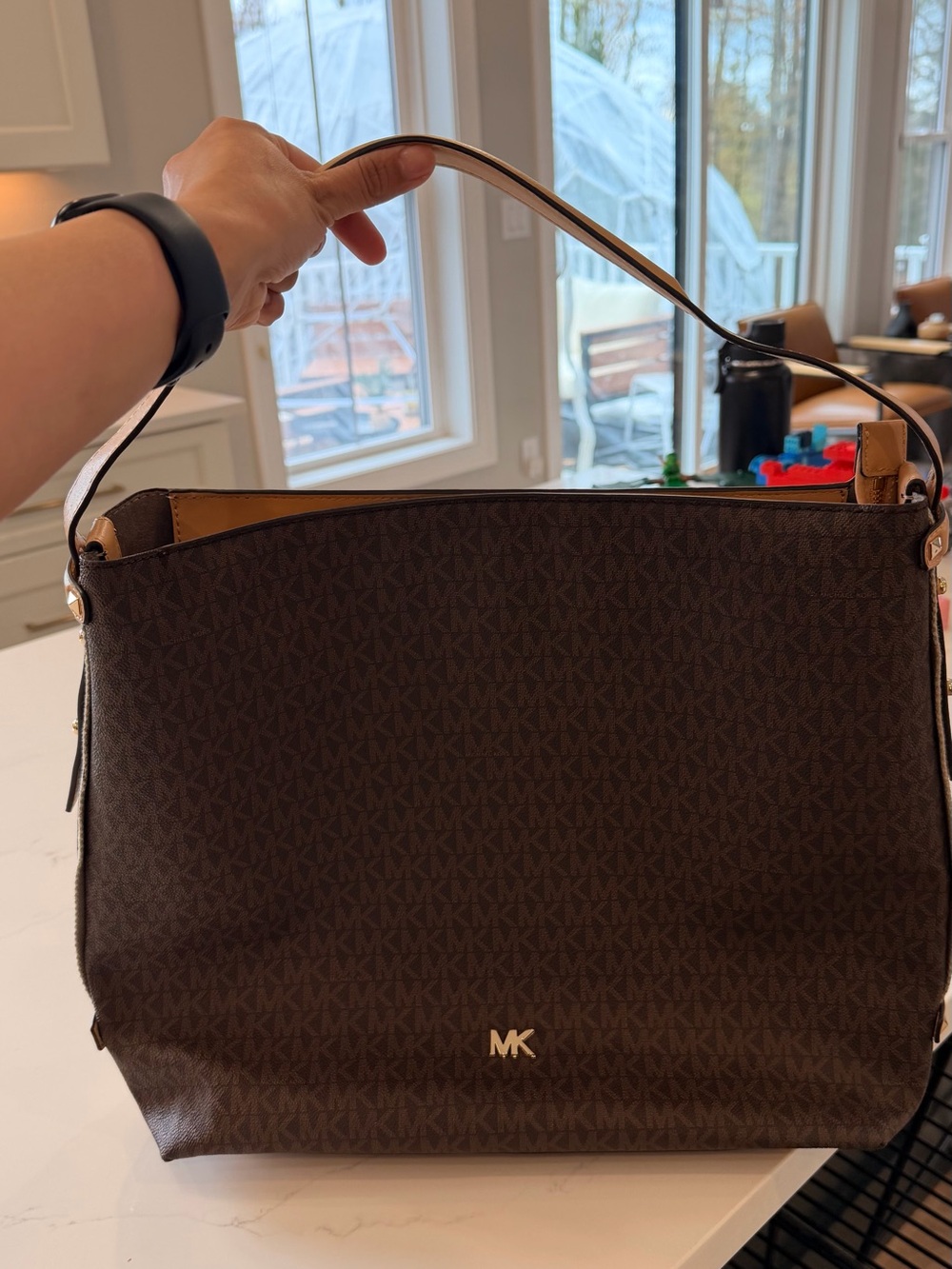 Michael Kors Dark Brown Logo Shoulder Bag with Gold Hardware